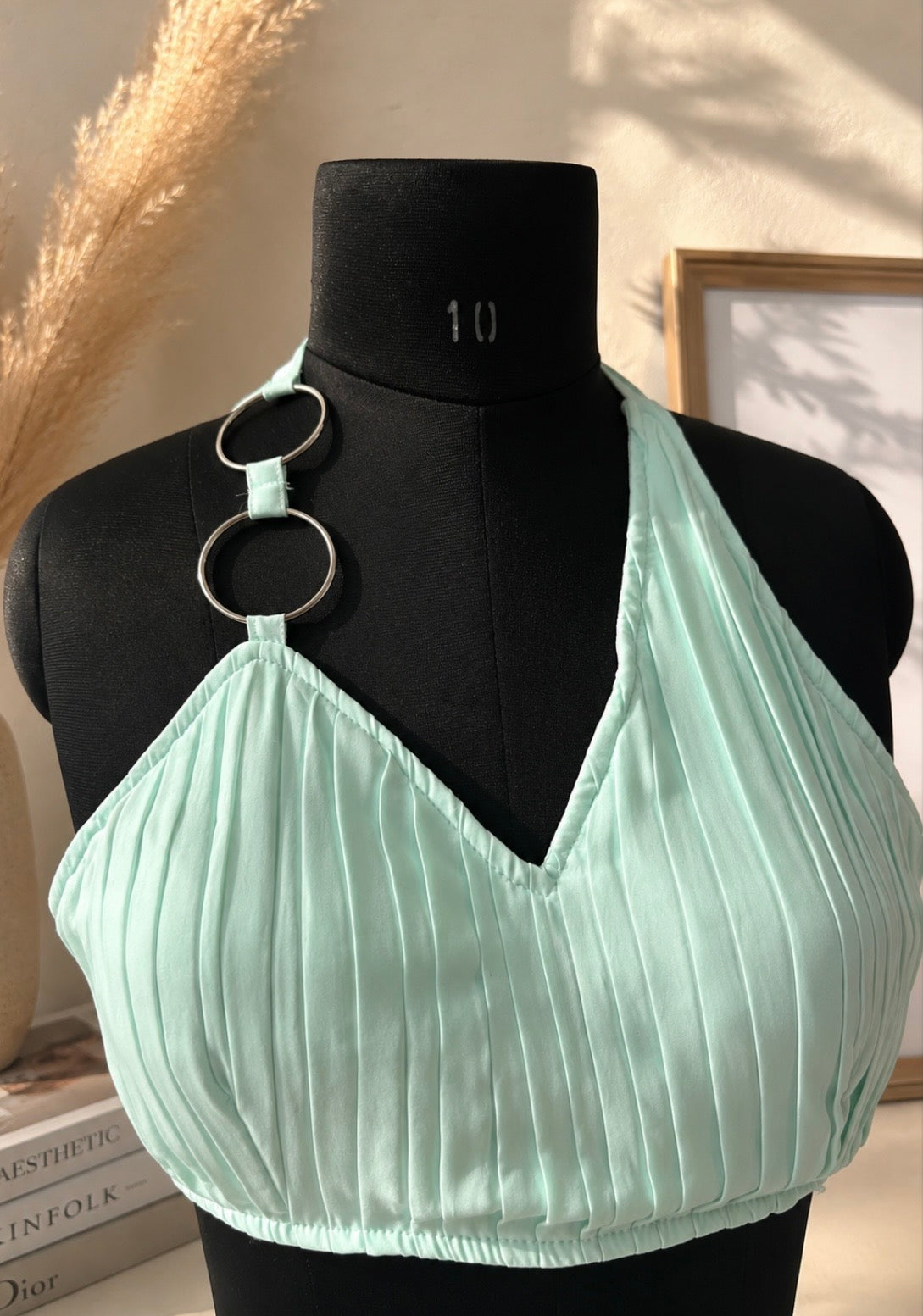 Turquoise Ruffle short Skirt & Pleated Top Co-ord Set with Metal Ring Details