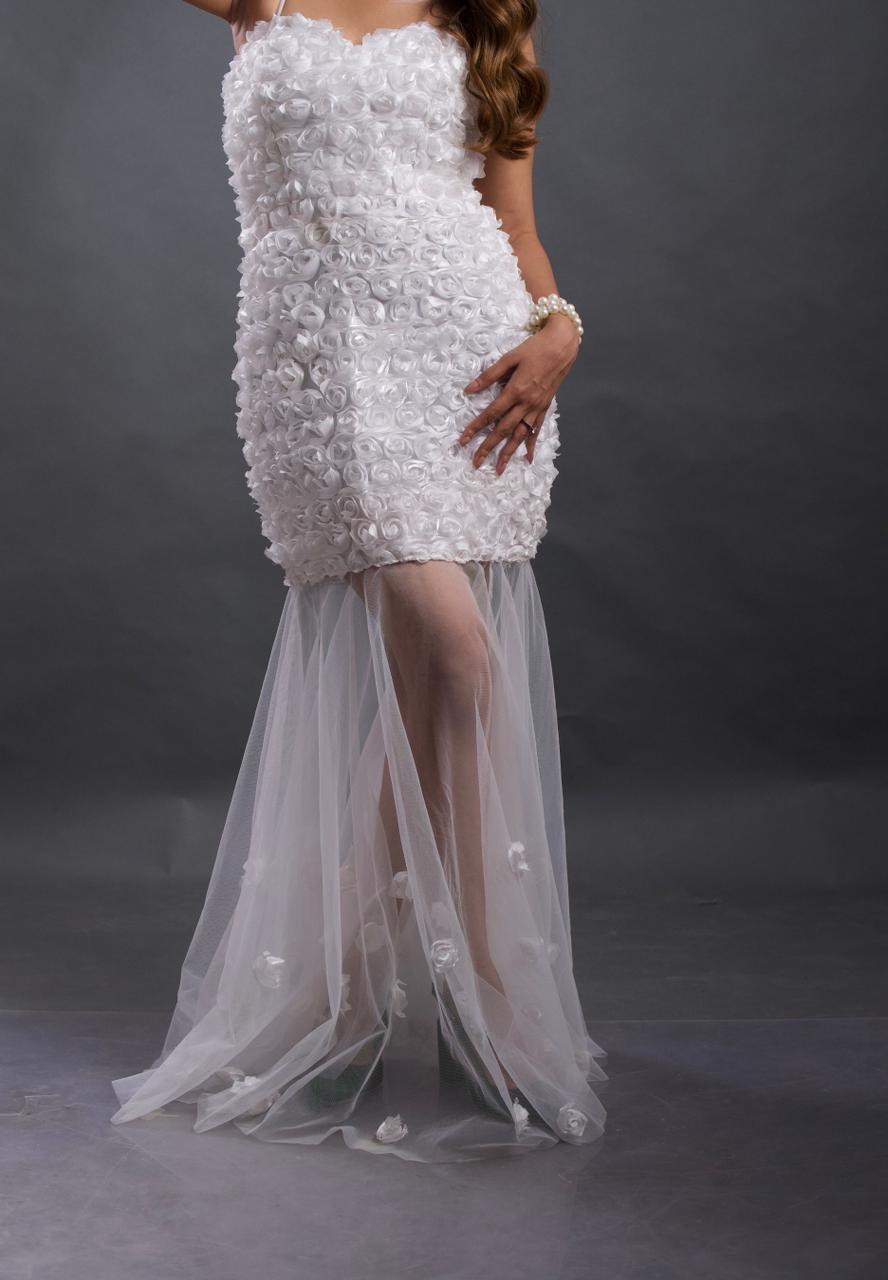 White satin flowers dress with tail