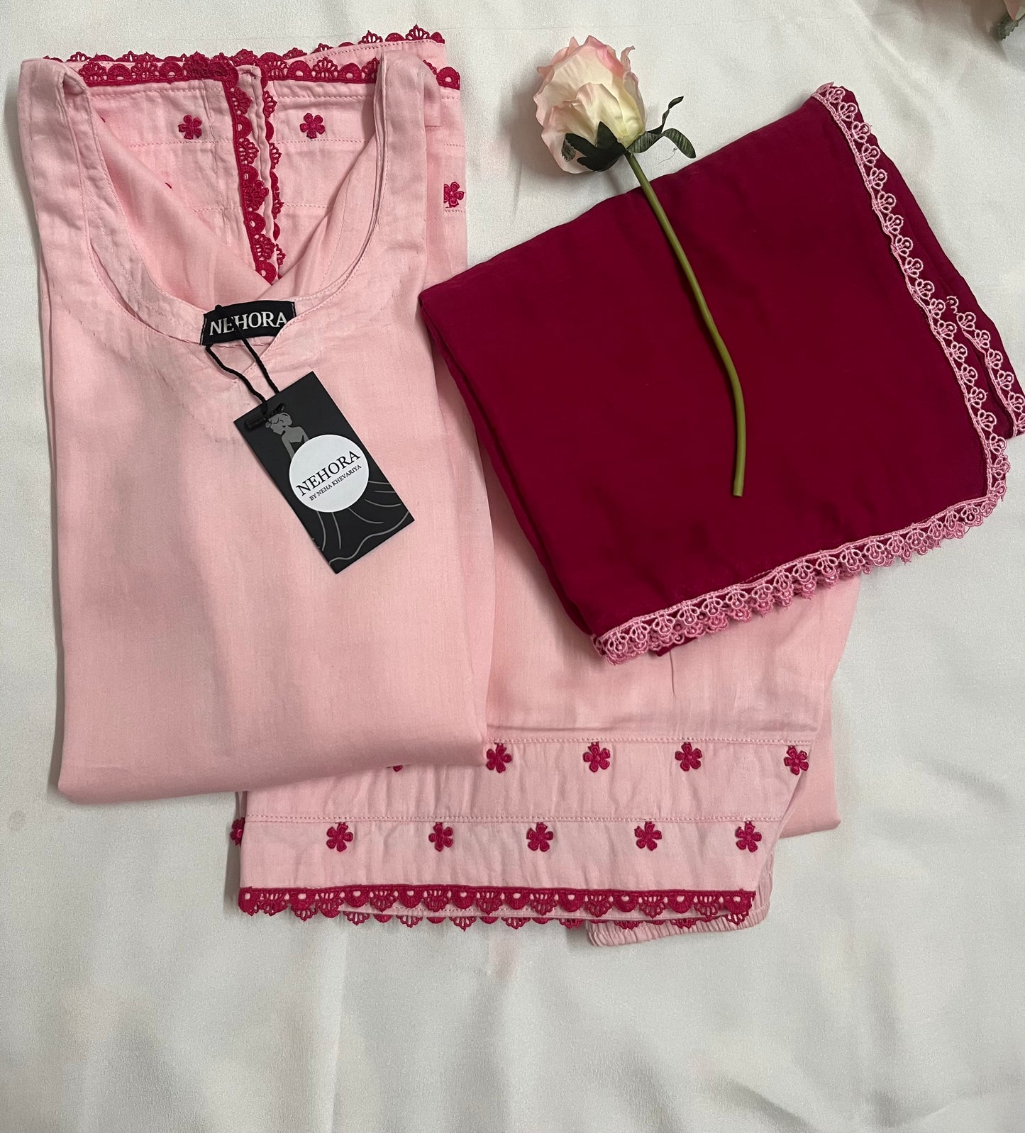 Pink Farshi suit set with flowers lace detailing