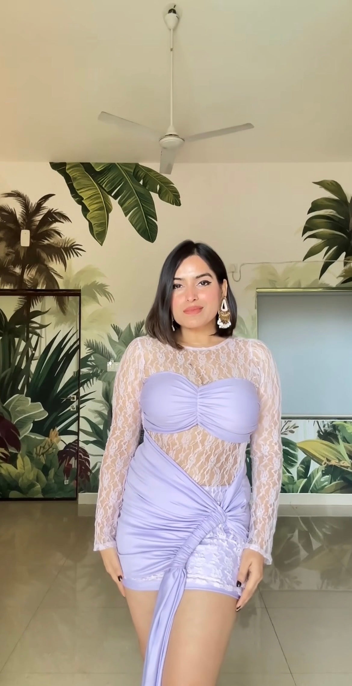 Lavender mini lycra mesh lace dress