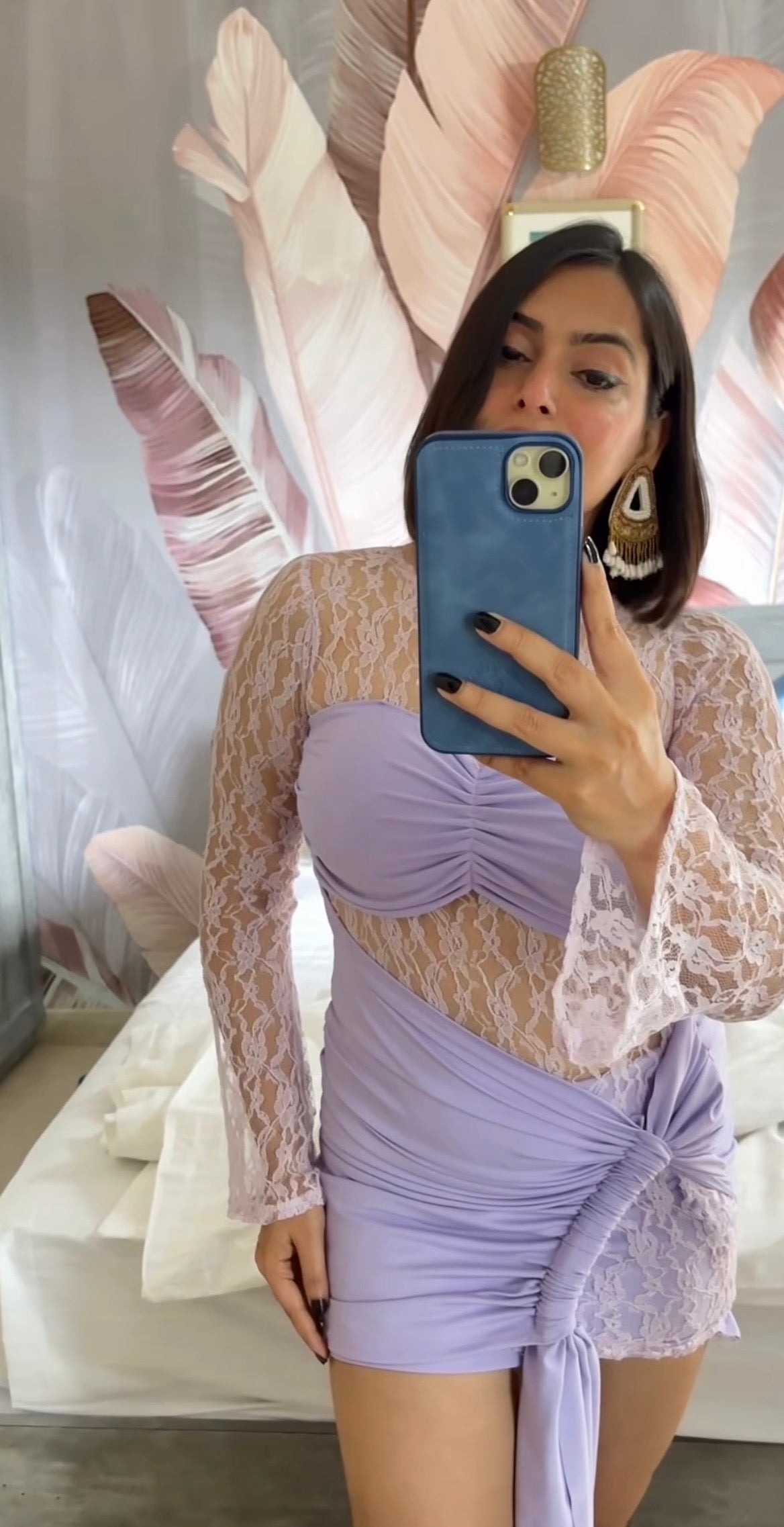 Lavender mini lycra mesh lace dress