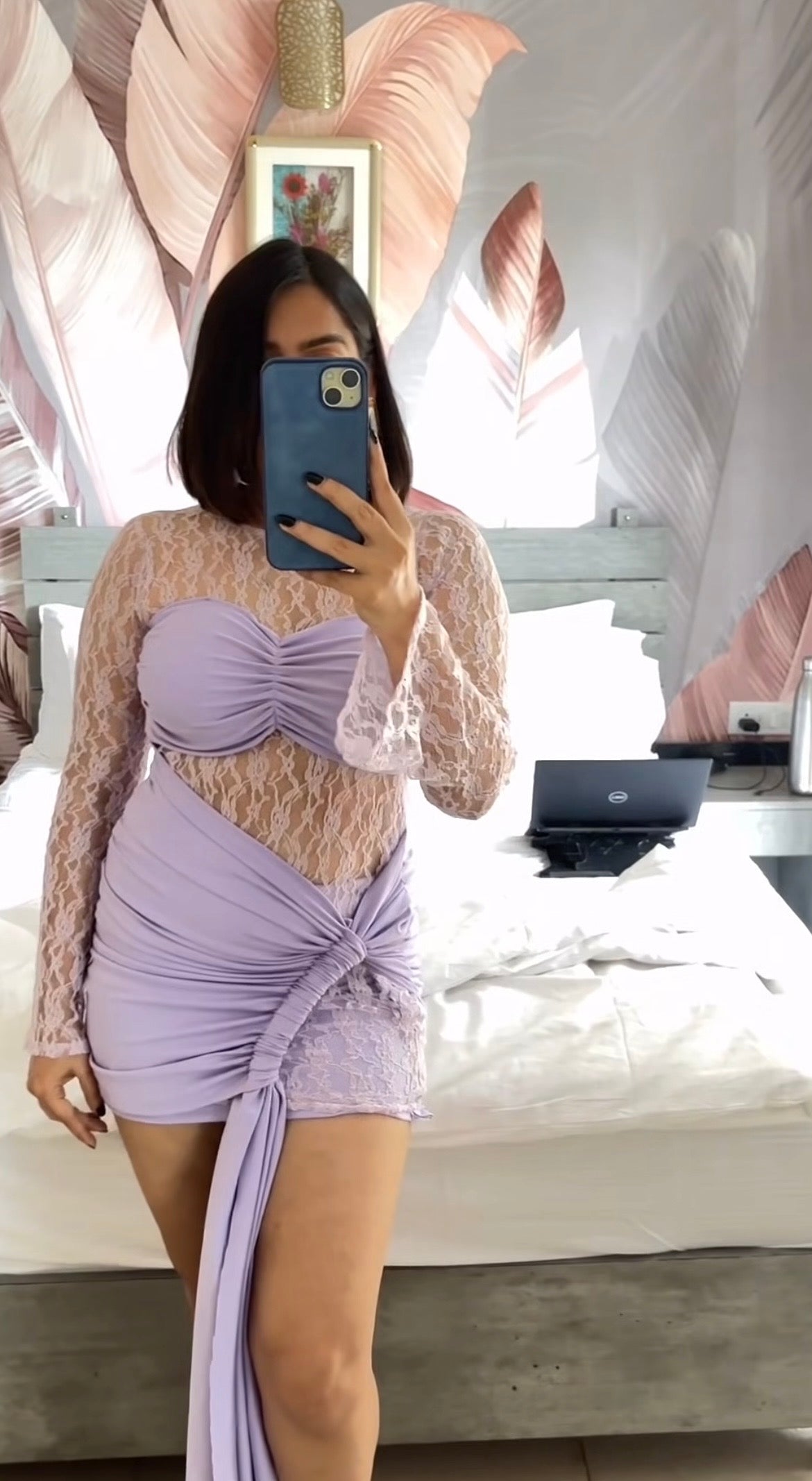 Lavender mini lycra mesh lace dress