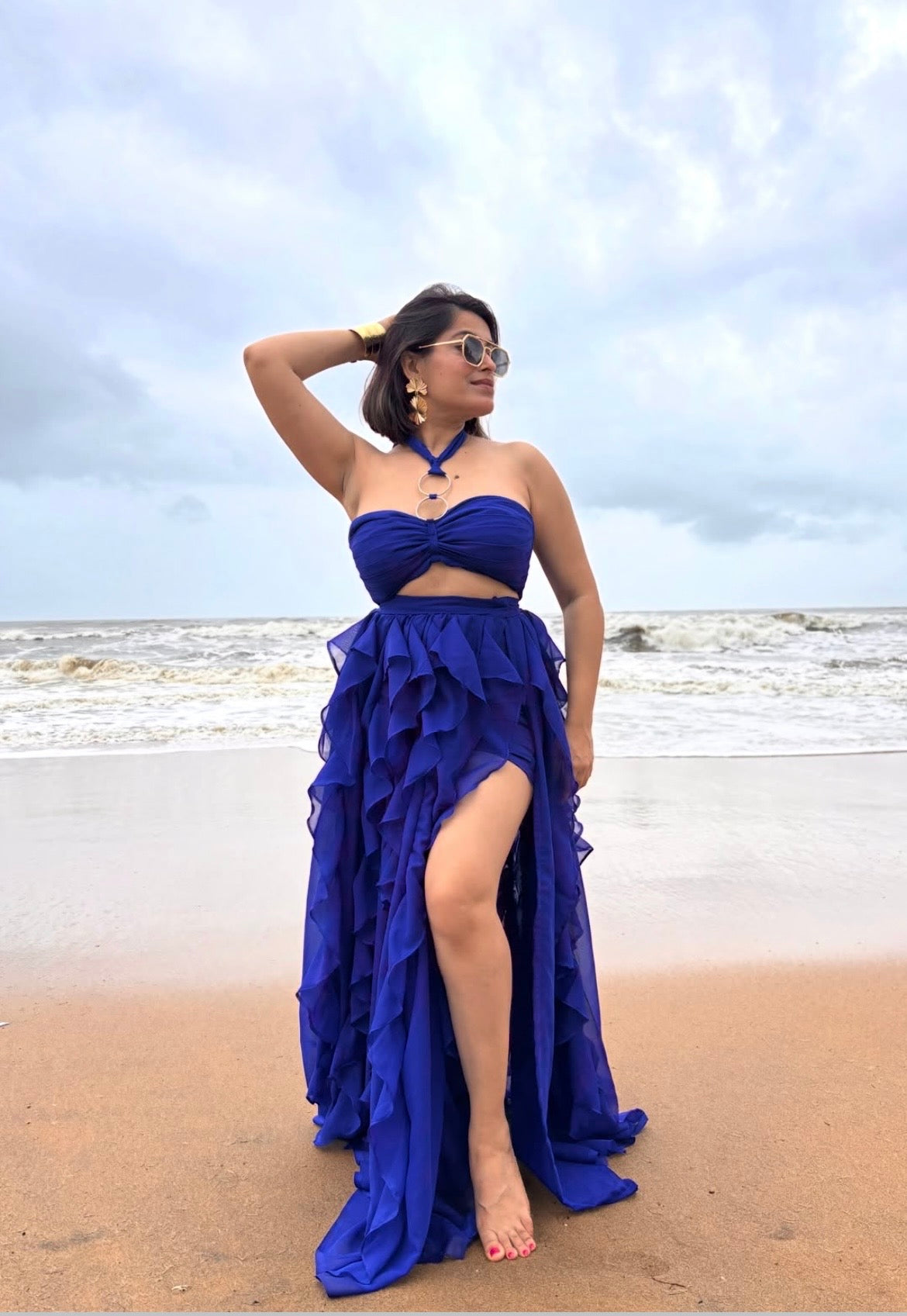 Royal Blue Ruffles skirt with halter top set