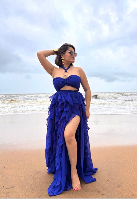 Royal Blue Ruffles skirt with halter top set