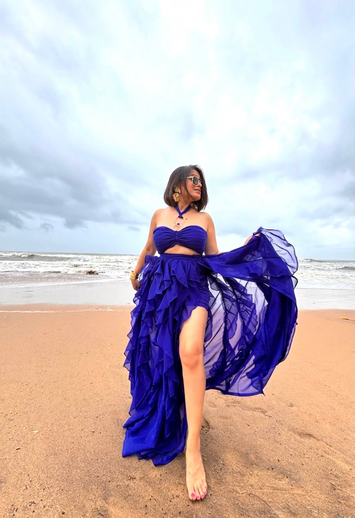 Royal Blue Ruffles skirt with halter top set