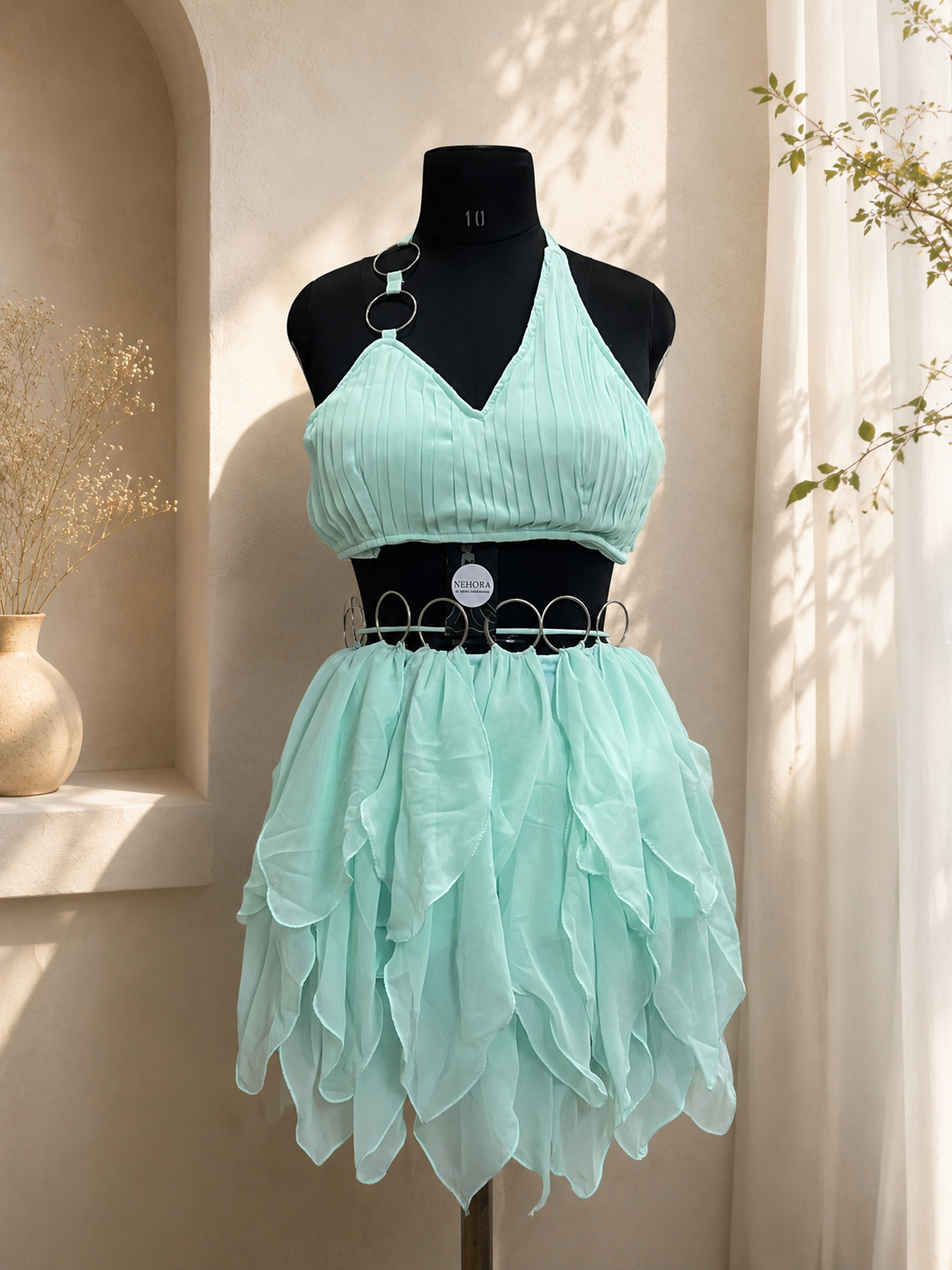 Turquoise Ruffle short Skirt & Pleated Top Co-ord Set with Metal Ring Details
