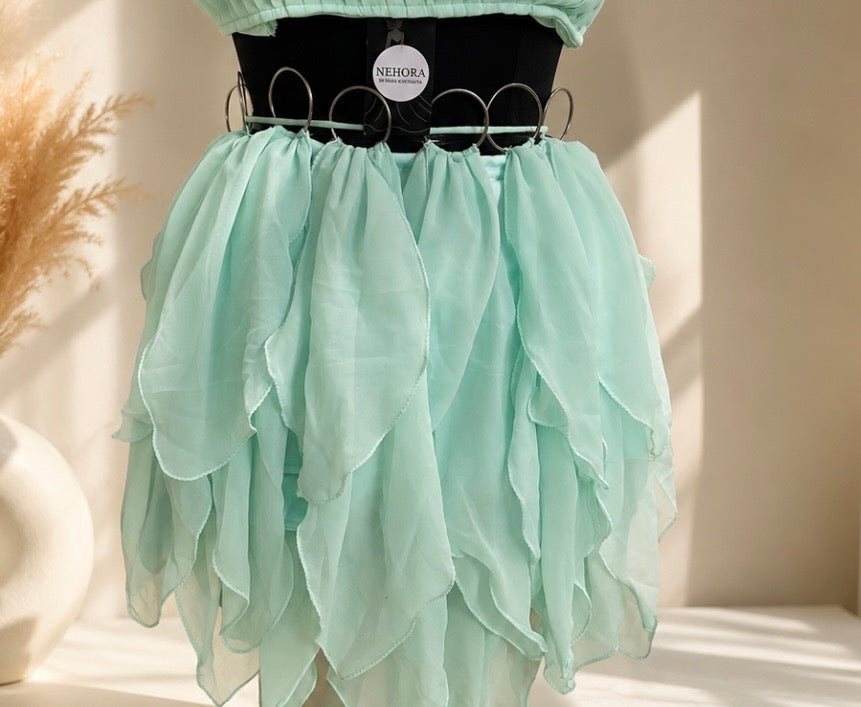 Turquoise Ruffle short Skirt & Pleated Top Co-ord Set with Metal Ring Details