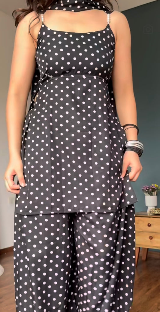 90's character vibe Black Polka Dot Kurti & Balloon Pant Set with detachable back