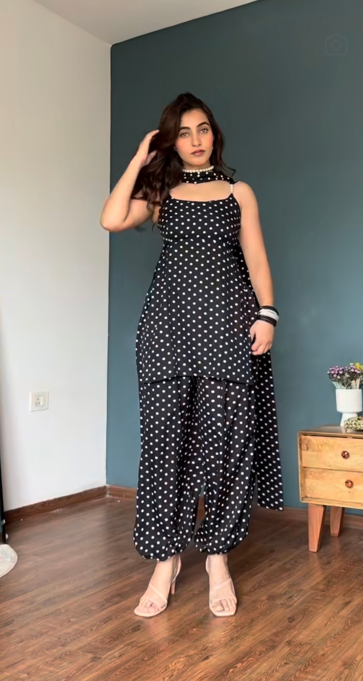 90's character vibe Black Polka Dot Kurti & Balloon Pant Set with detachable back