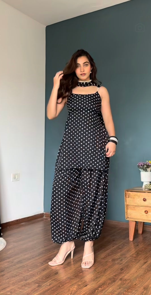 90's character vibe Black Polka Dot Kurti & Balloon Pant Set with detachable back