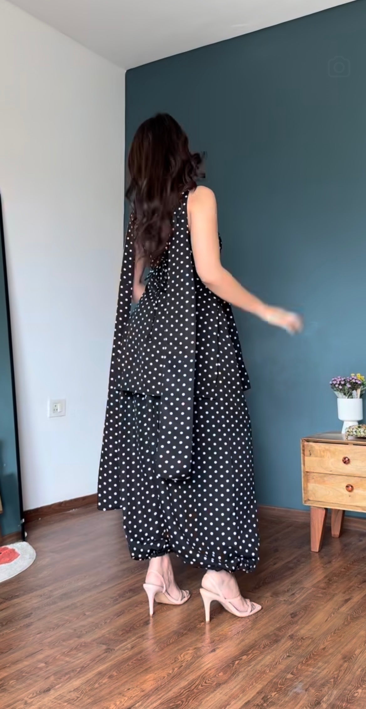 90's character vibe Black Polka Dot Kurti & Balloon Pant Set with detachable back