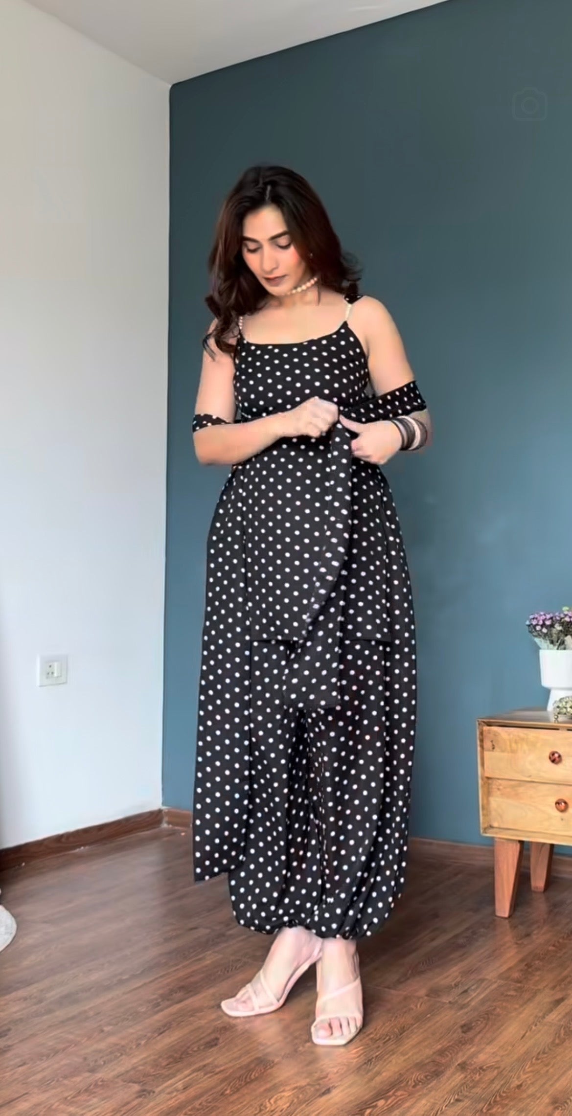 90's character vibe Black Polka Dot Kurti & Balloon Pant Set with detachable back