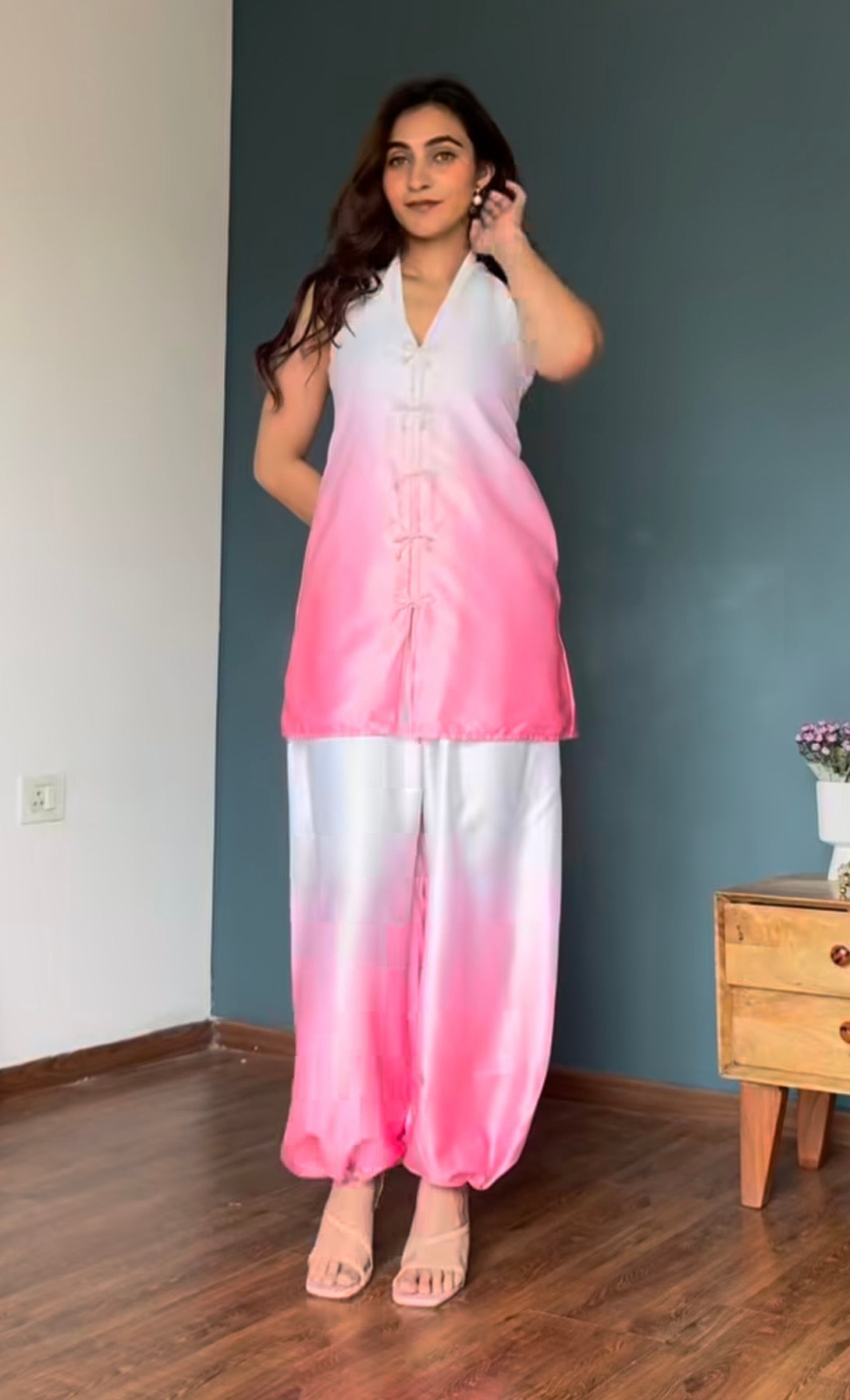Ombre Indo-Western Kurta & Balloon Pant Set -Peony Blush