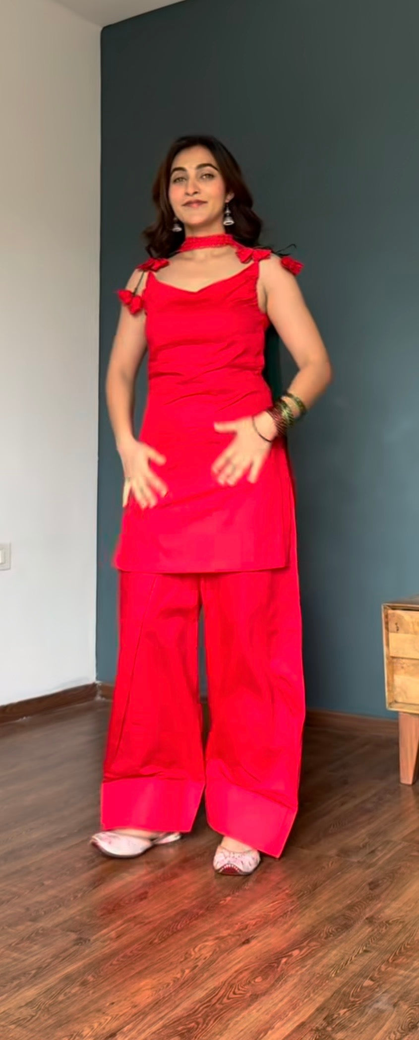 Gulnaar Red Farshi Suit with Tulip Tassel Detailing & Green Dupatta