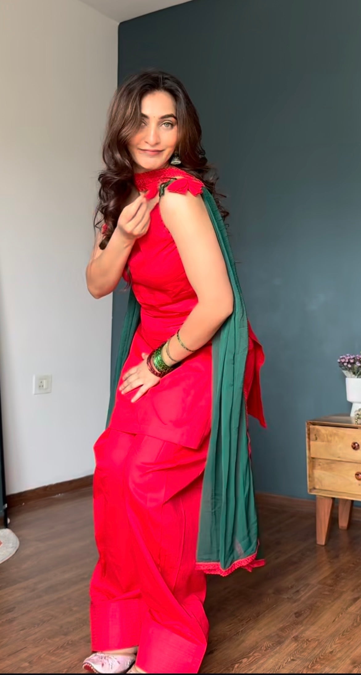 Gulnaar Red Farshi Suit with Tulip Tassel Detailing & Green Dupatta