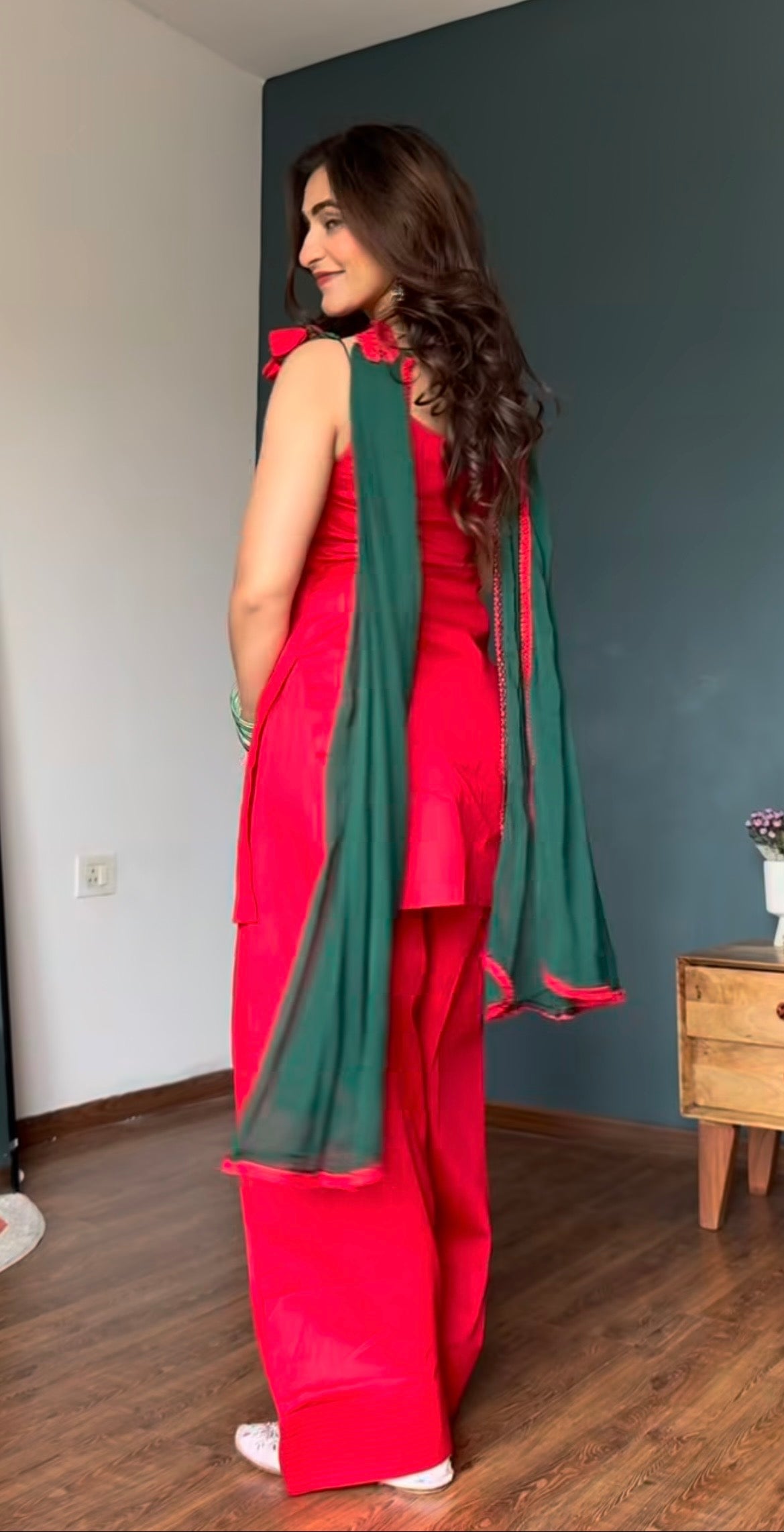 Gulnaar Red Farshi Suit with Tulip Tassel Detailing & Green Dupatta