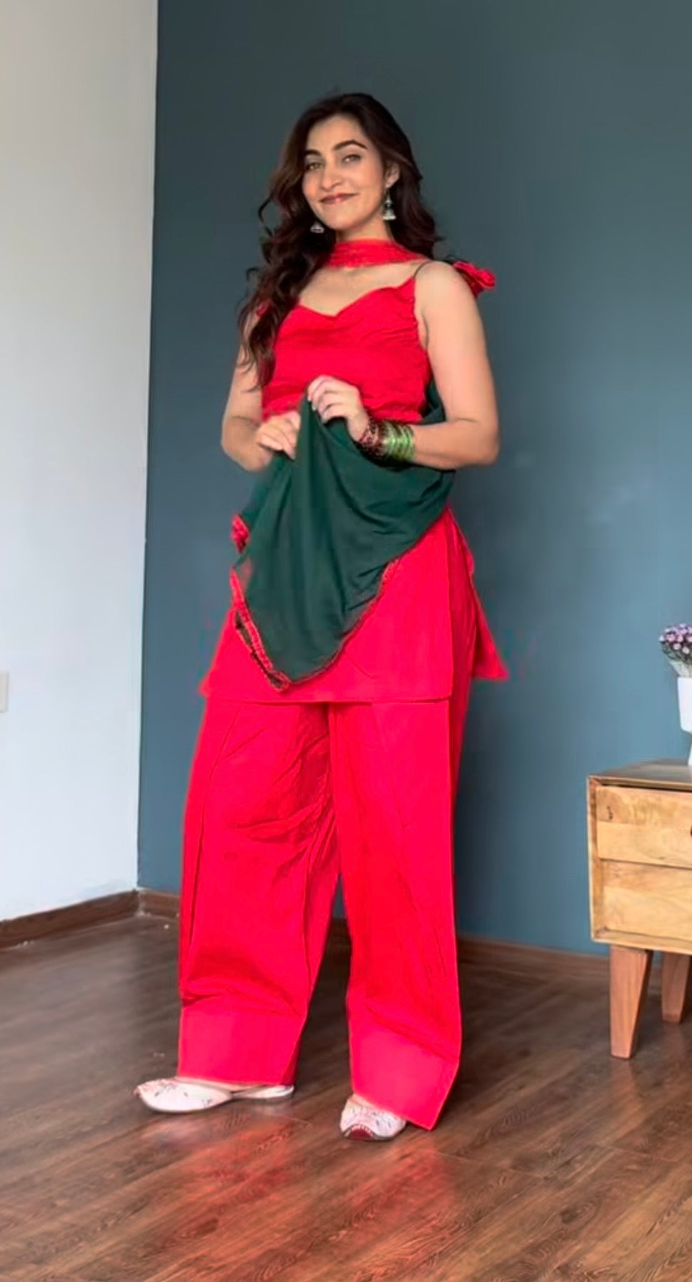 Gulnaar Red Farshi Suit with Tulip Tassel Detailing & Green Dupatta