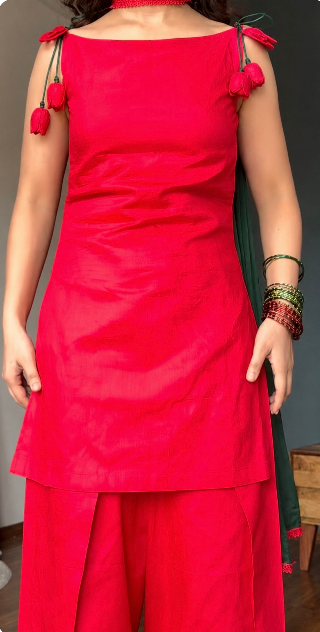 Gulnaar Red Farshi Suit with Tulip Tassel Detailing & Green Dupatta
