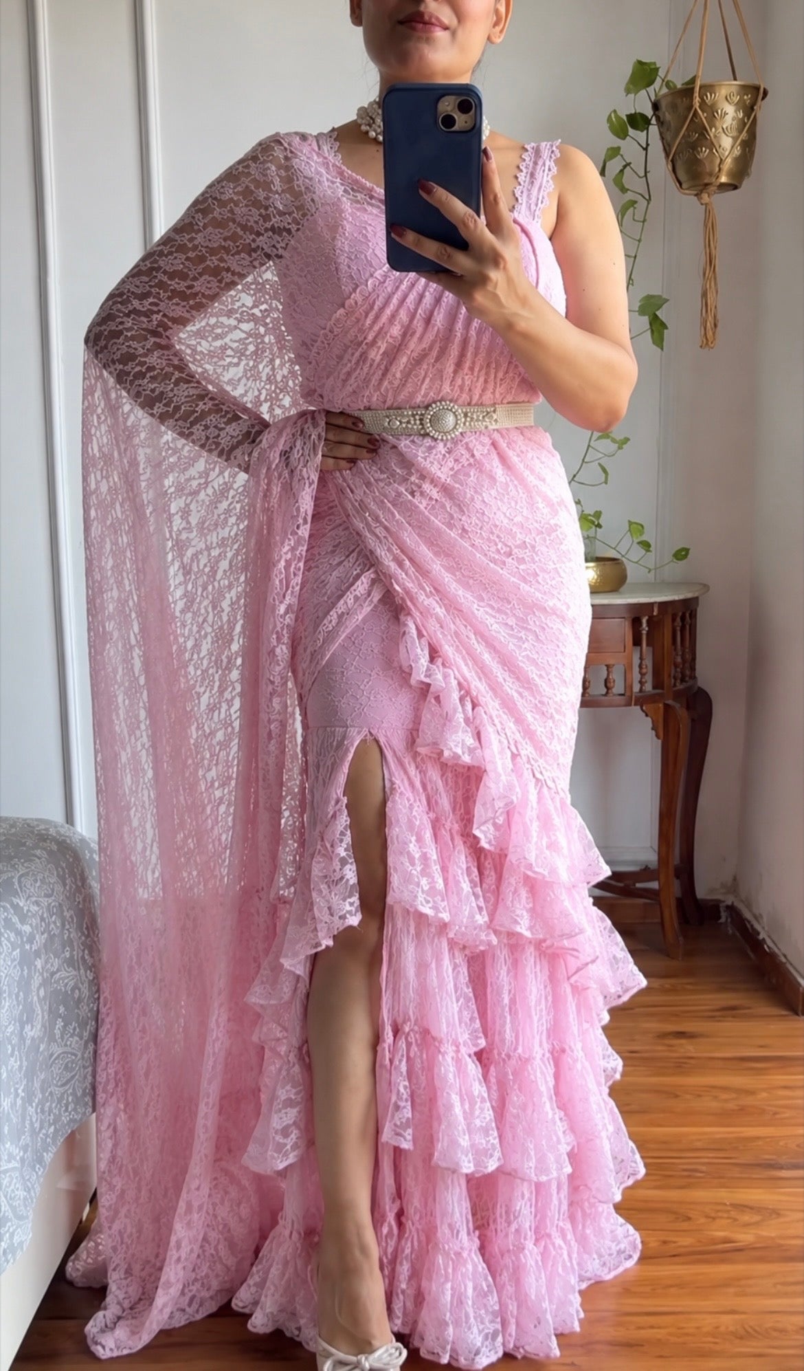 Blush Blossom Ruffle indo western saree