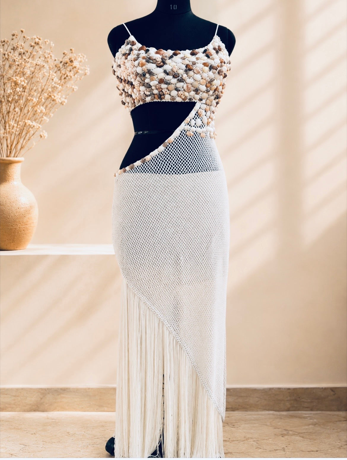 Ocean Muse Shell Crochet Fringe white dress
