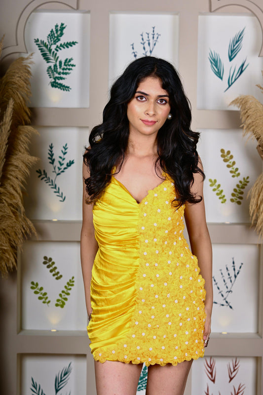 Yellow one side flowers dress
