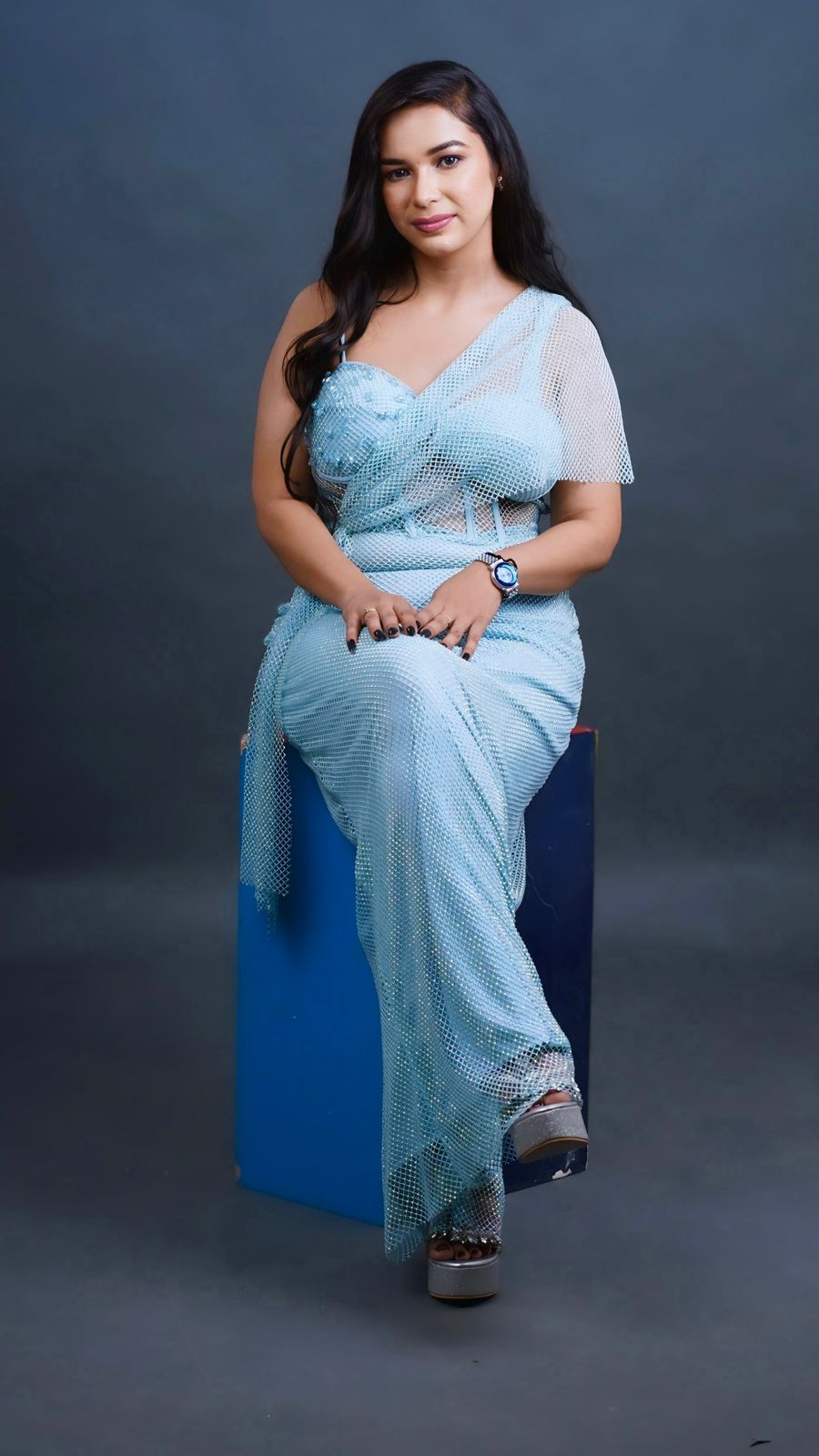 Sky blue diamond stone work party dress