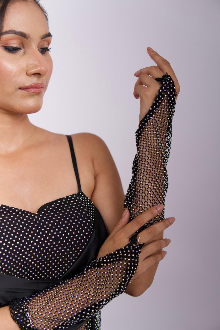 birthday dress with gloves Black Lace Mermaid Black sexy prom dress with Gloves