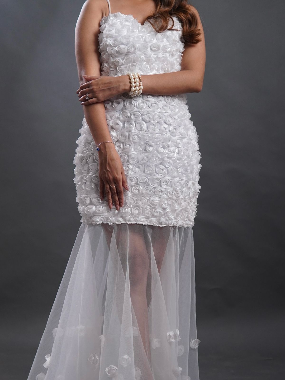 White satin flowers dress with tail